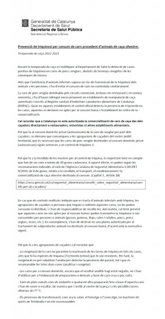 Més informació sobre l'article Prevenció de triquinosi per consum de carn procedent d´animals de caça silvestre.