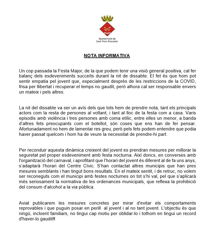 Més informació sobre l'article Nota informativa