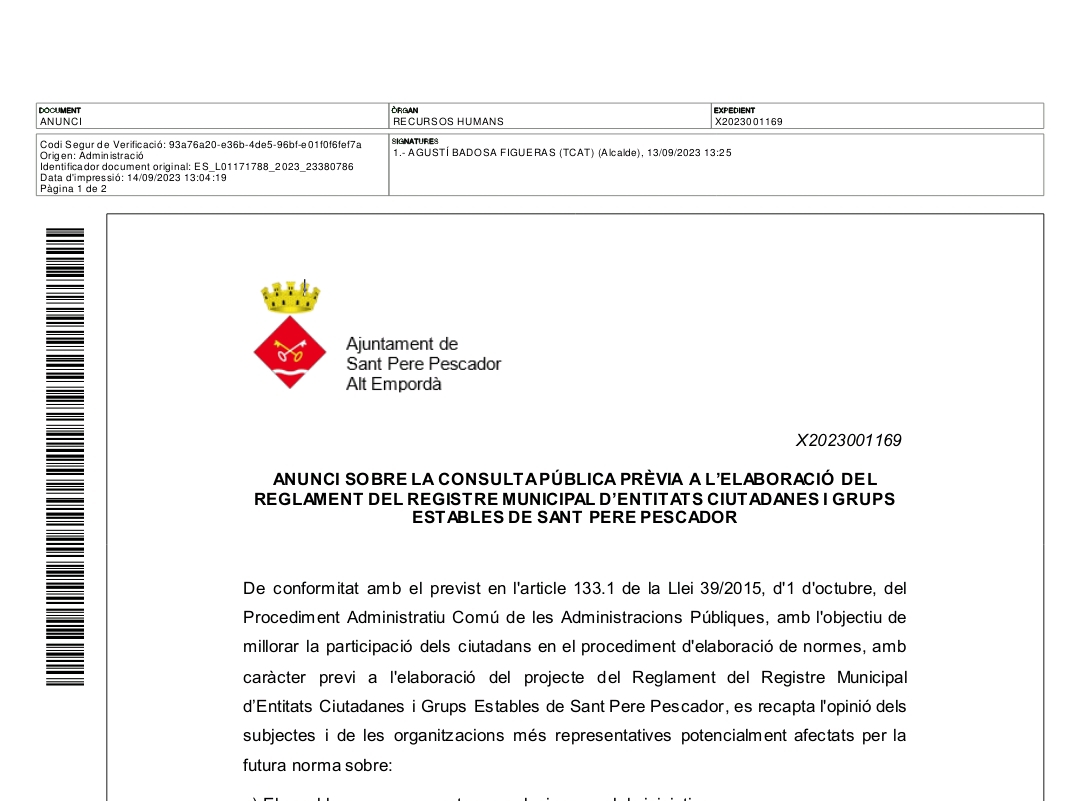 Més informació sobre l'article Reglament del Registre Municipal d’Entitats Ciutadanes i Grups Estables de Sant Pere Pescador