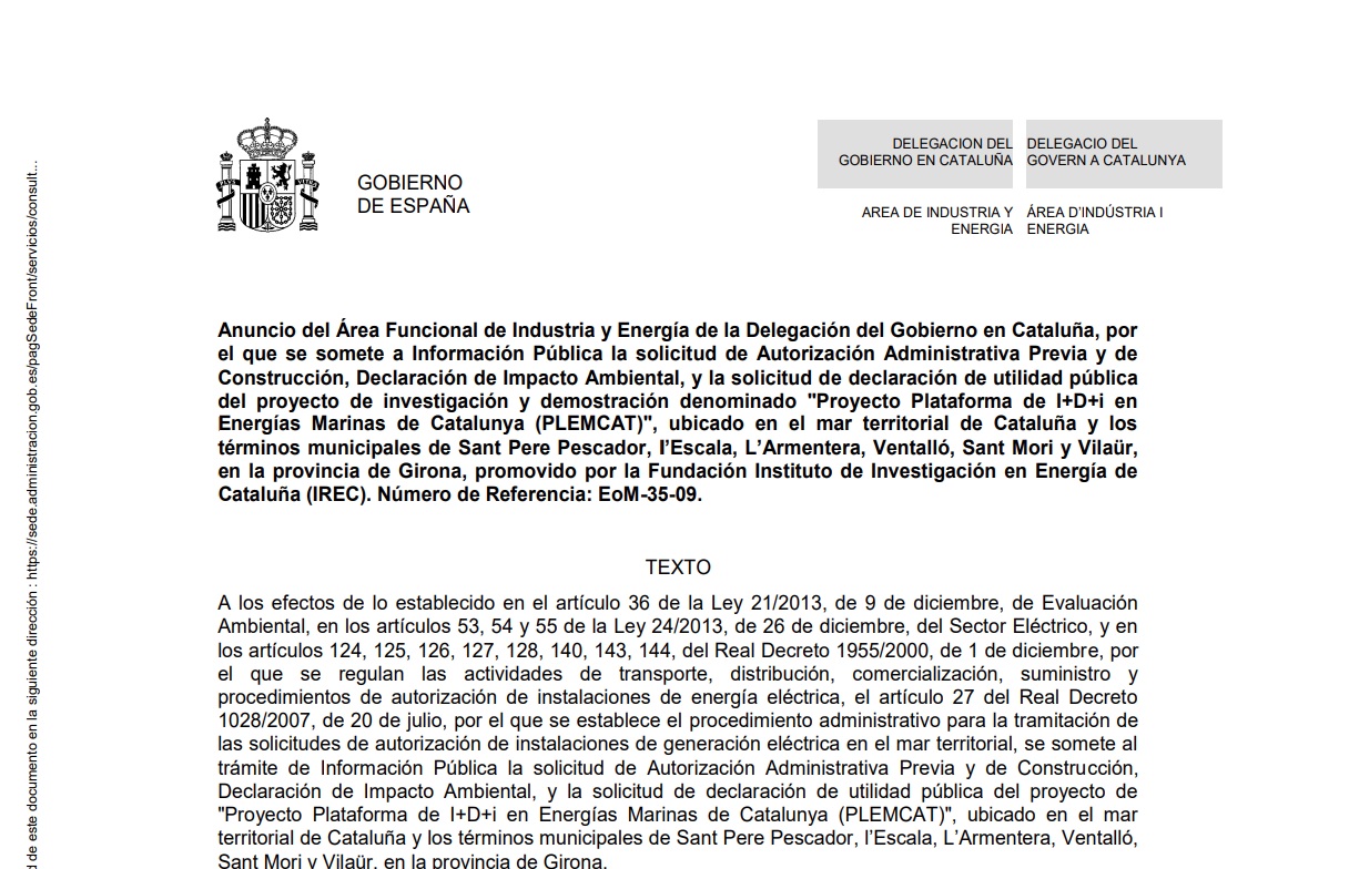 Més informació sobre l'article Anunci per sotmetre a informació pública el Projecte Plataforma de R+D+i en Energies Marines de Catalunya (PLEMCAT)