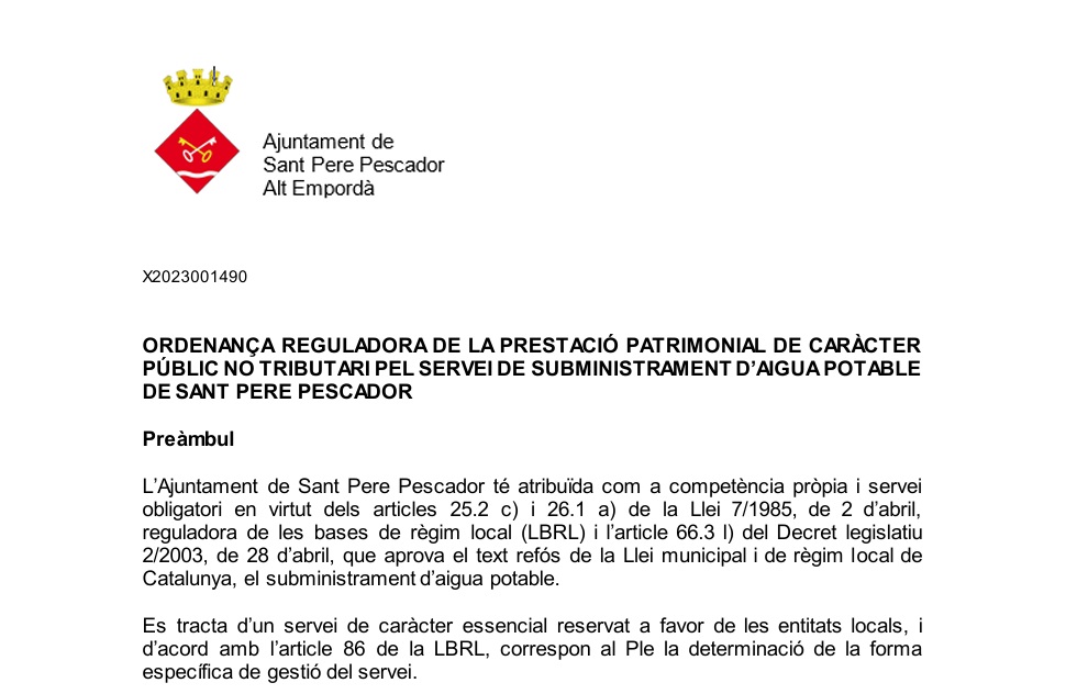 Més informació sobre l'article Aprovació definitiva de l’Ordenança Reguladora de la prestació patrimonial de caràcter públic no tributari del servei de subministrament d’aigua potable de Sant Pere Pescador