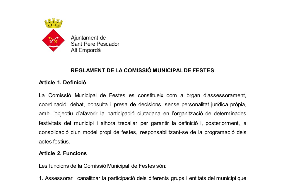 Més informació sobre l'article Aprovació inicial del Reglament de la Comissió Municipal de Festes de l’Ajuntament de Sant Pere Pescador