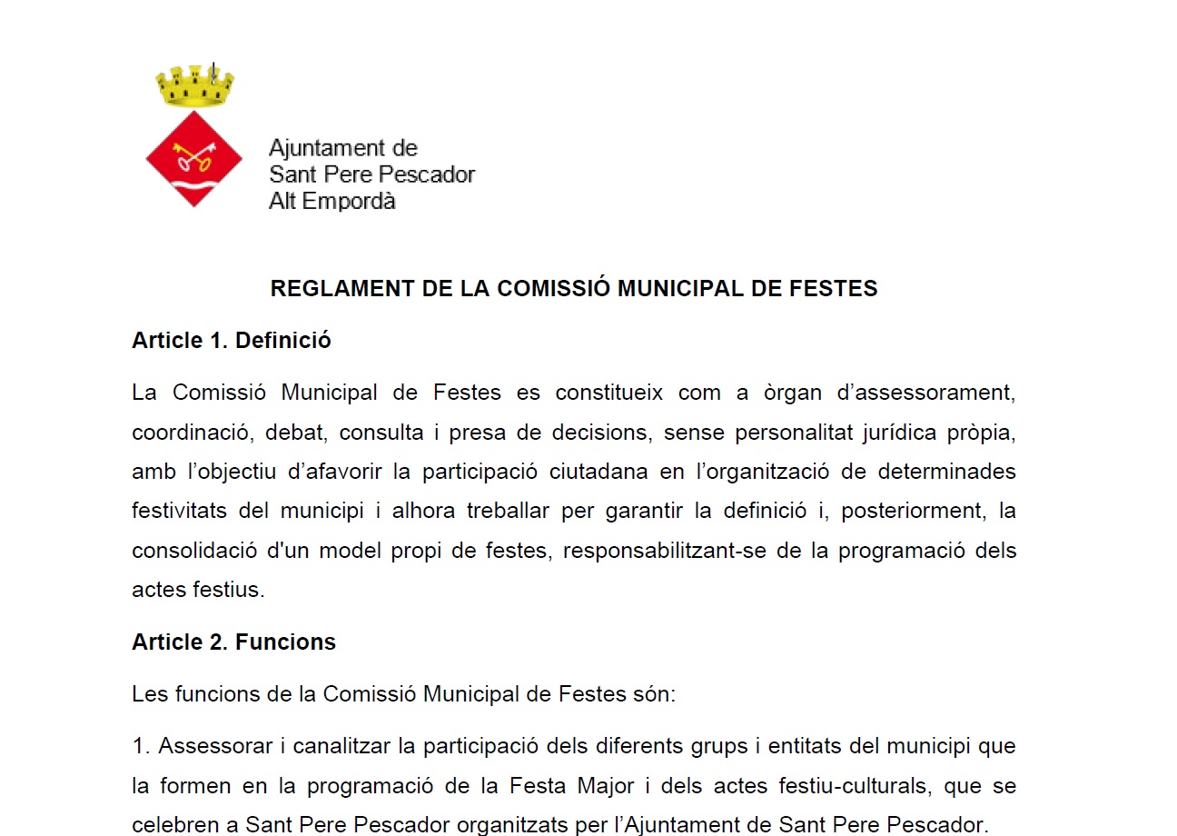 Més informació sobre l'article Aprovació definitiva del Reglament de la Comissió Municipal de Festes de l’Ajuntament de Sant Pere Pescador.